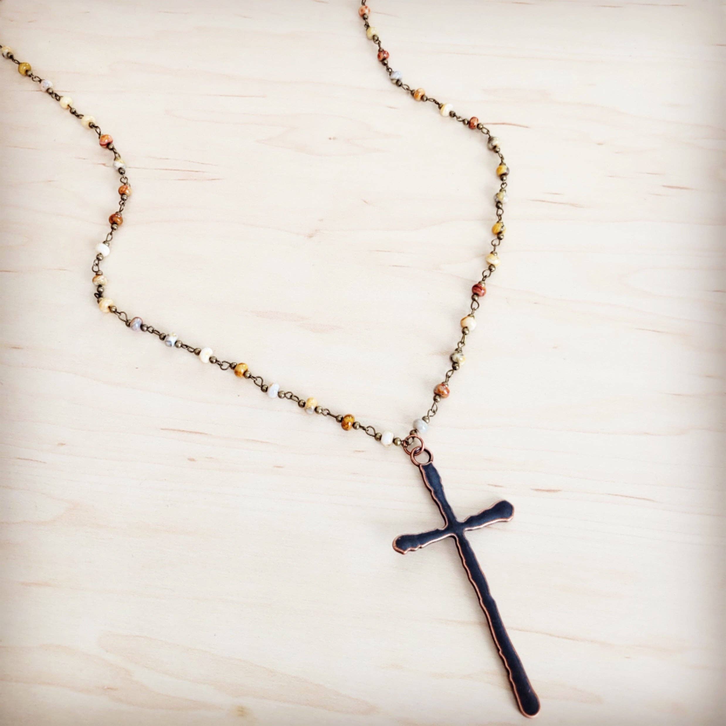 Genuine Natural Agate Long Beaded Necklace with Antique Copper Cross
