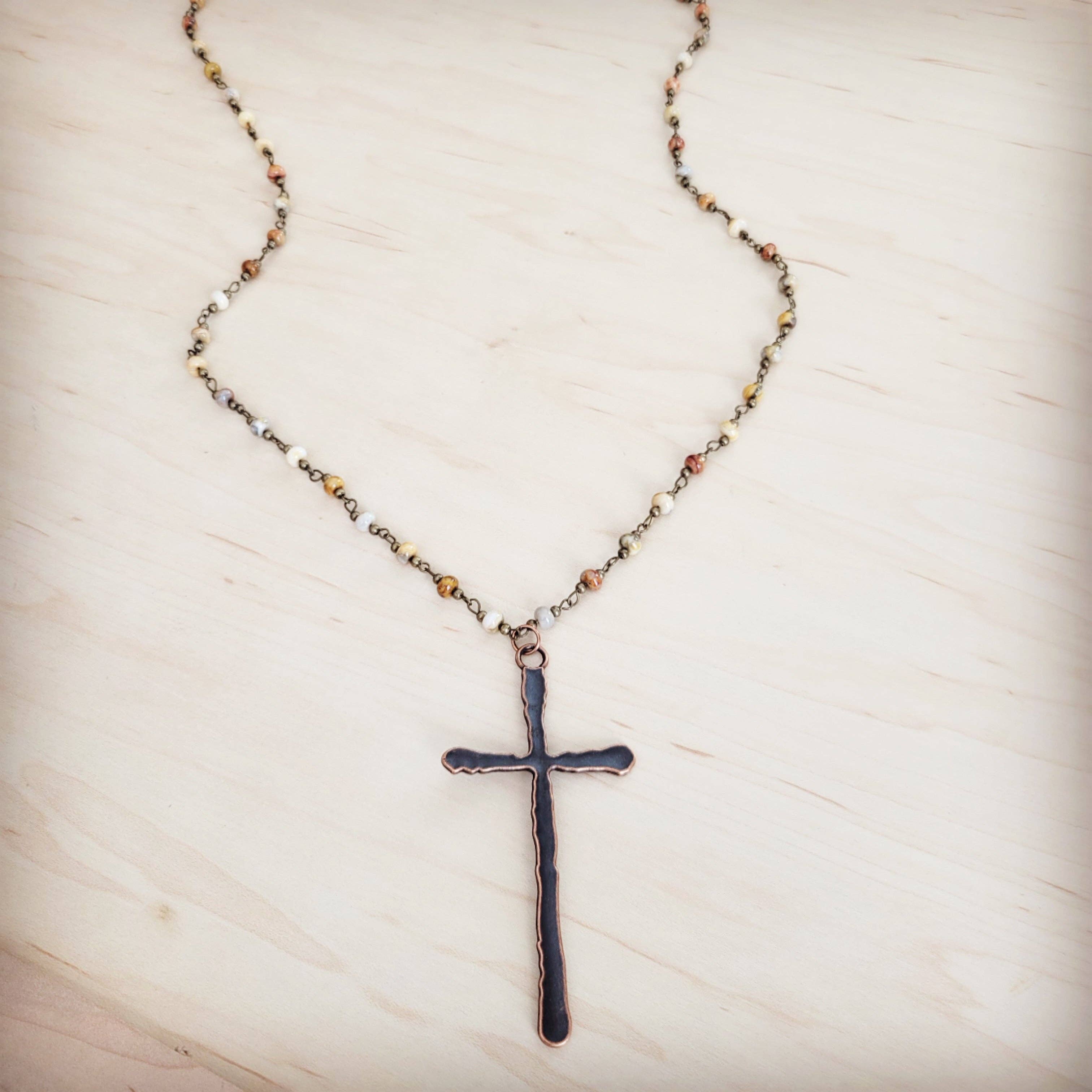 Genuine Natural Agate Long Beaded Necklace with Antique Copper Cross