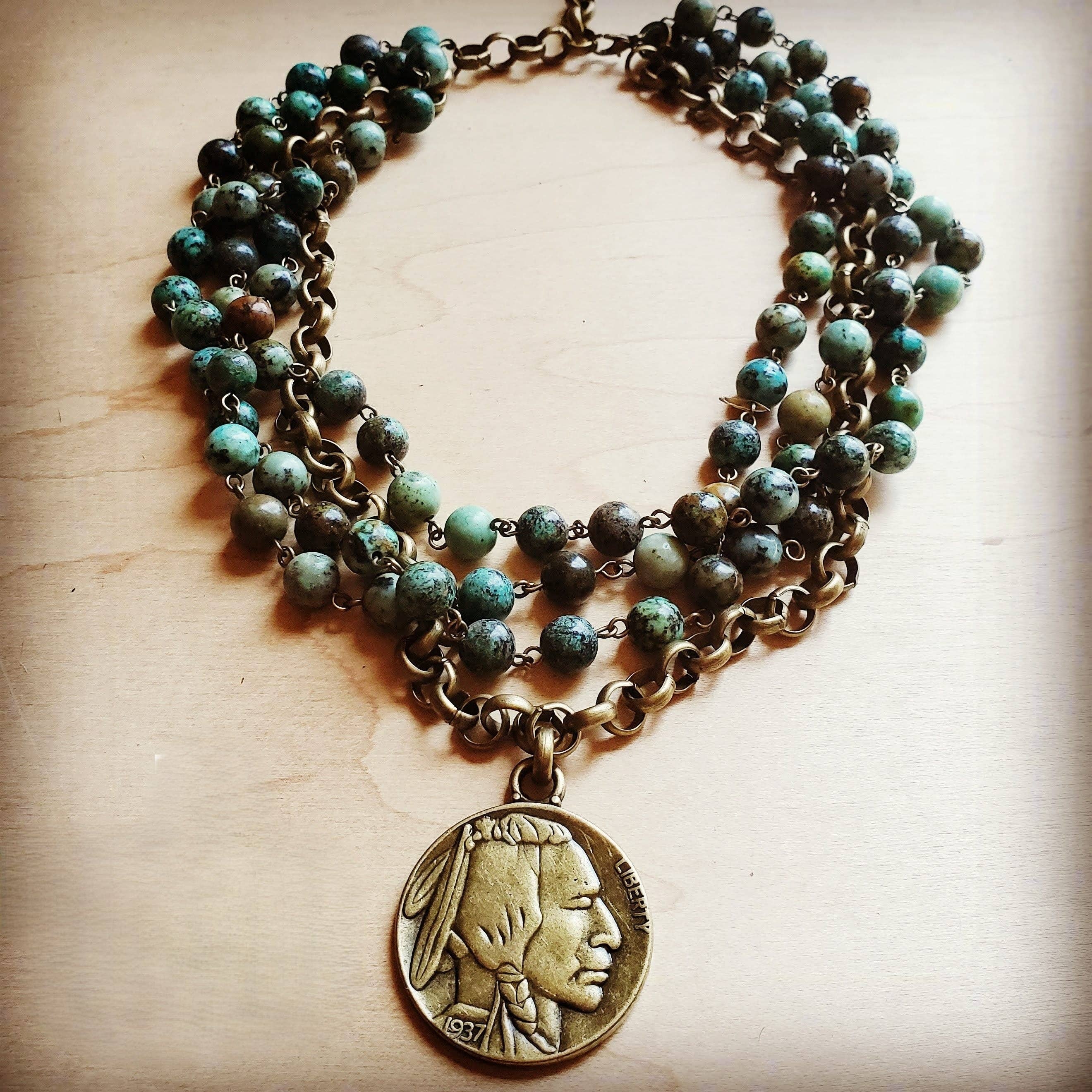 African Turquoise Collar-Length Necklace Indian Buffalo Coin 250t
