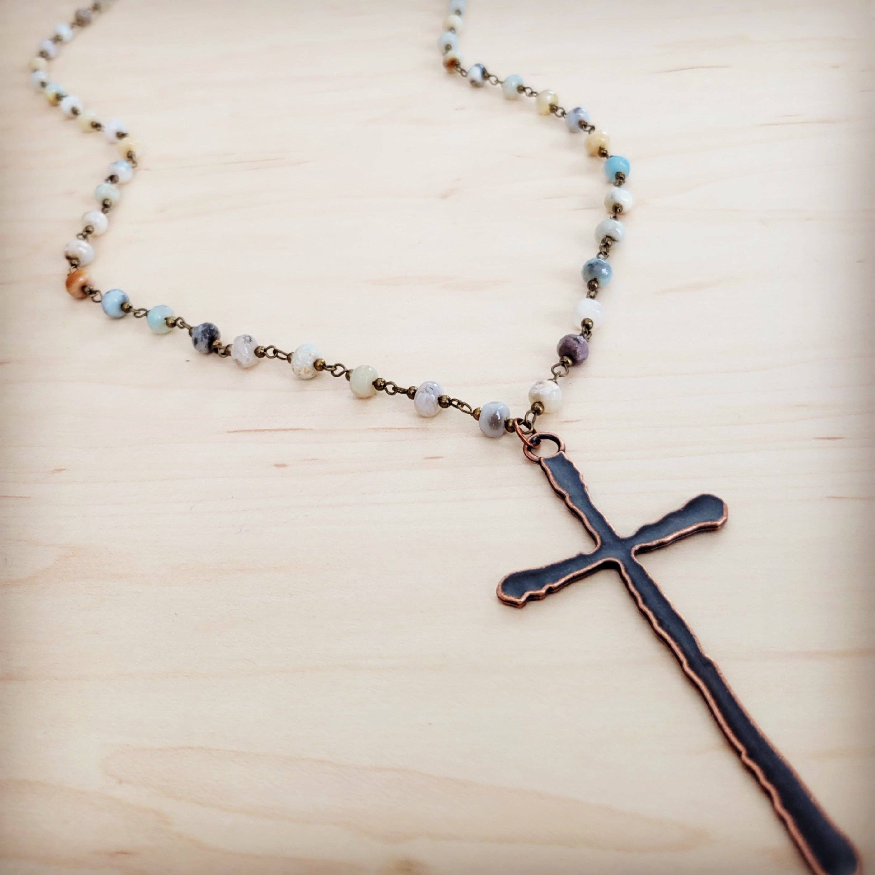 Genuine Amazonite Necklace w Antique Copper Cross