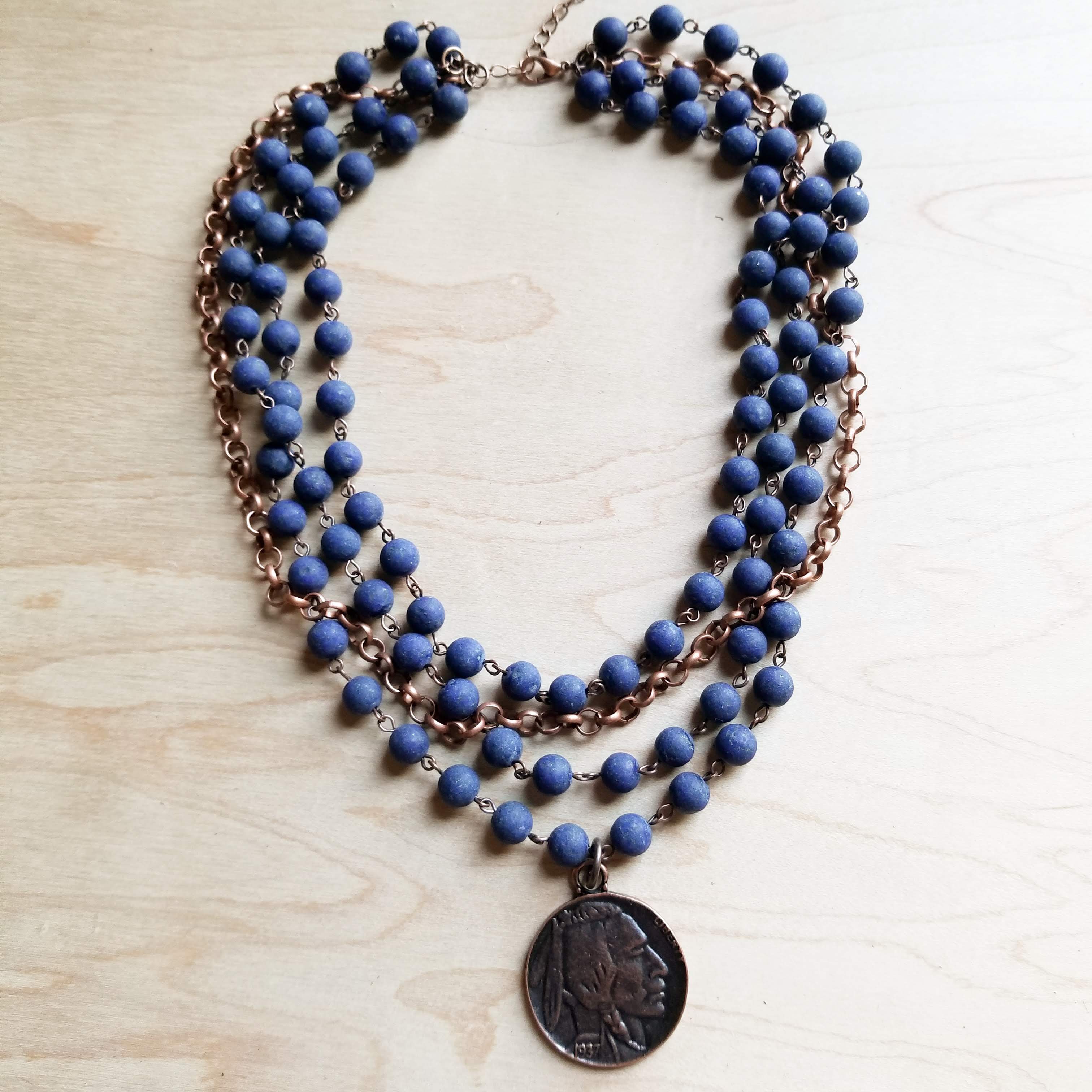 Blue Lapis Necklace with Copper Indian Head Coin