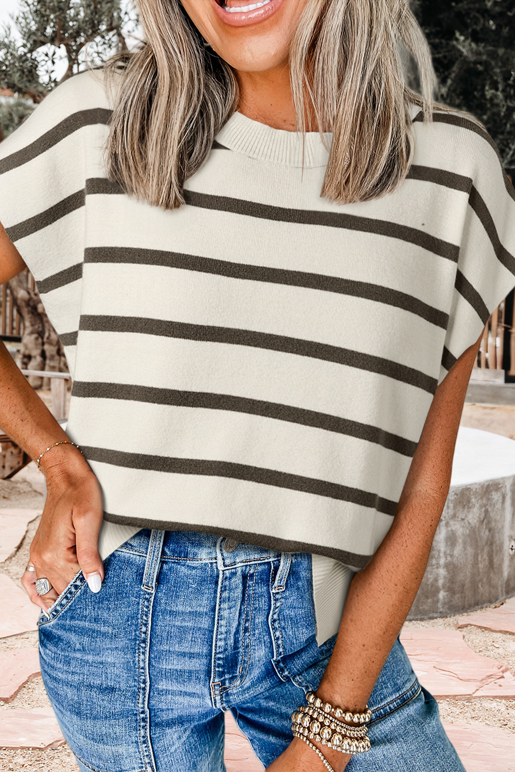 Stripe Side Slits Crewneck