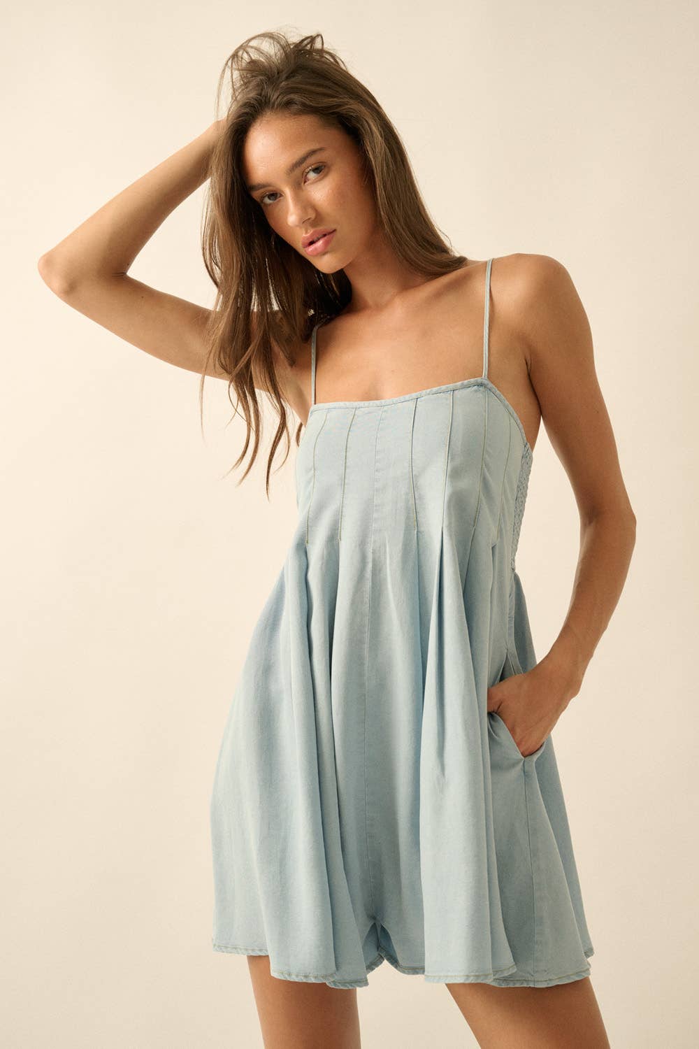 Denim Pleated Romper