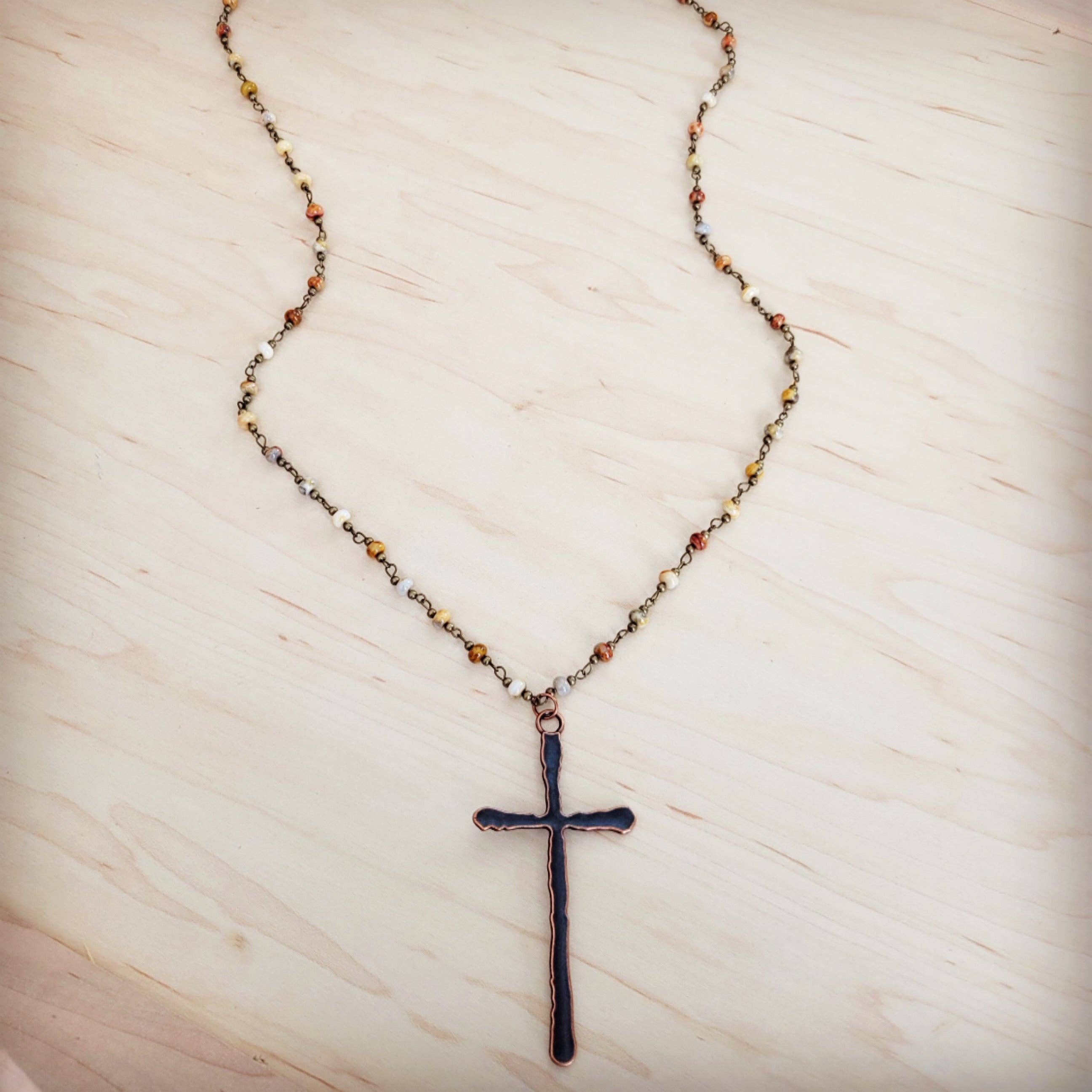 Genuine Natural Agate Long Beaded Necklace with Antique Copper Cross