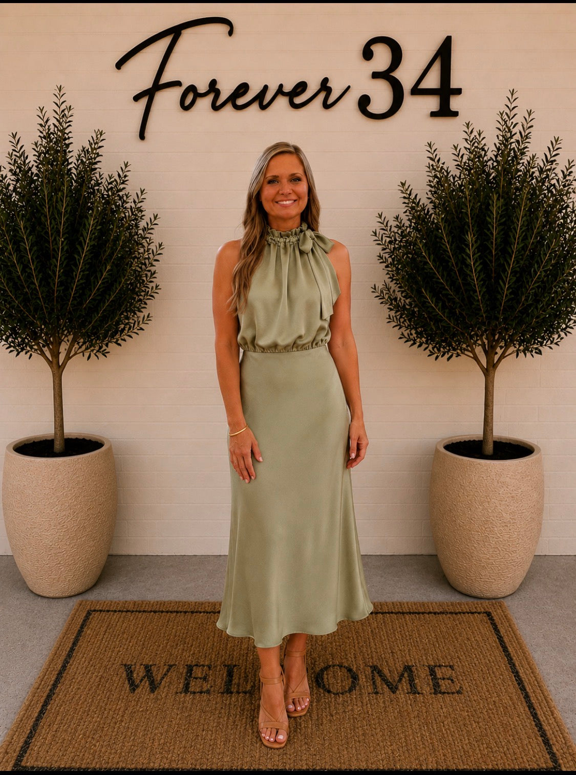 Midi Dress With Ruffle Tie Neck