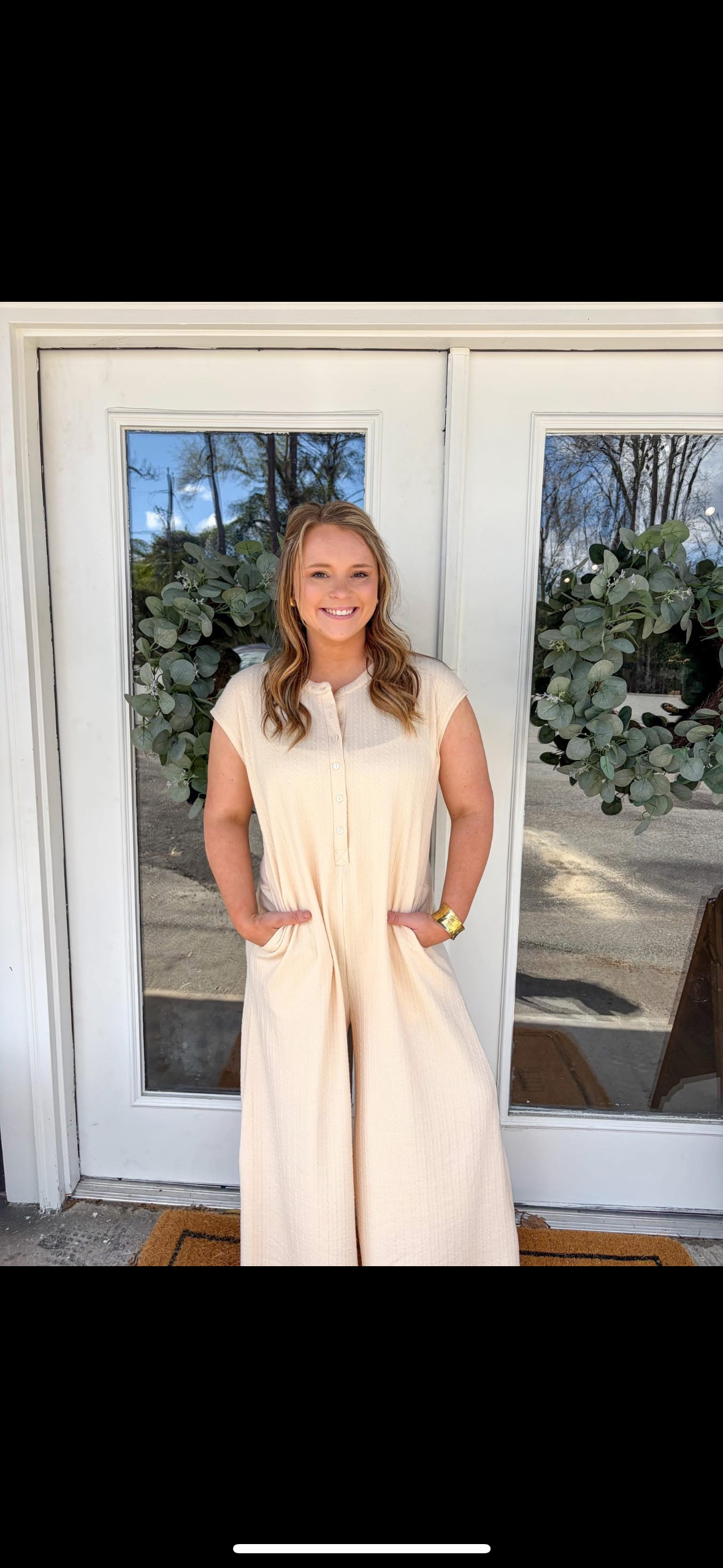 Half Buttons Ribbed Knit Wide Leg Jumpsuit