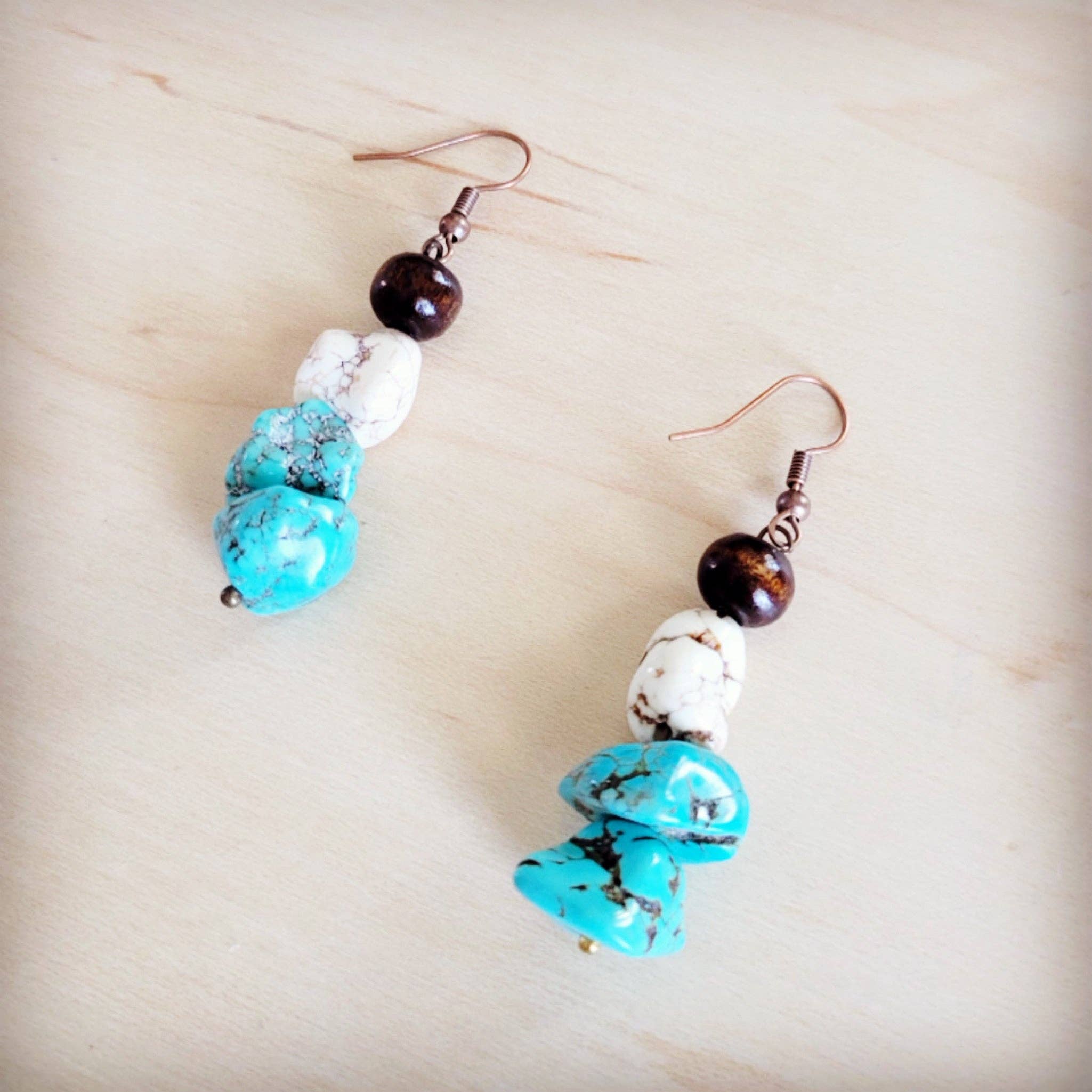 White and Blue Turquoise w/ Wood Drop Earrings 200be