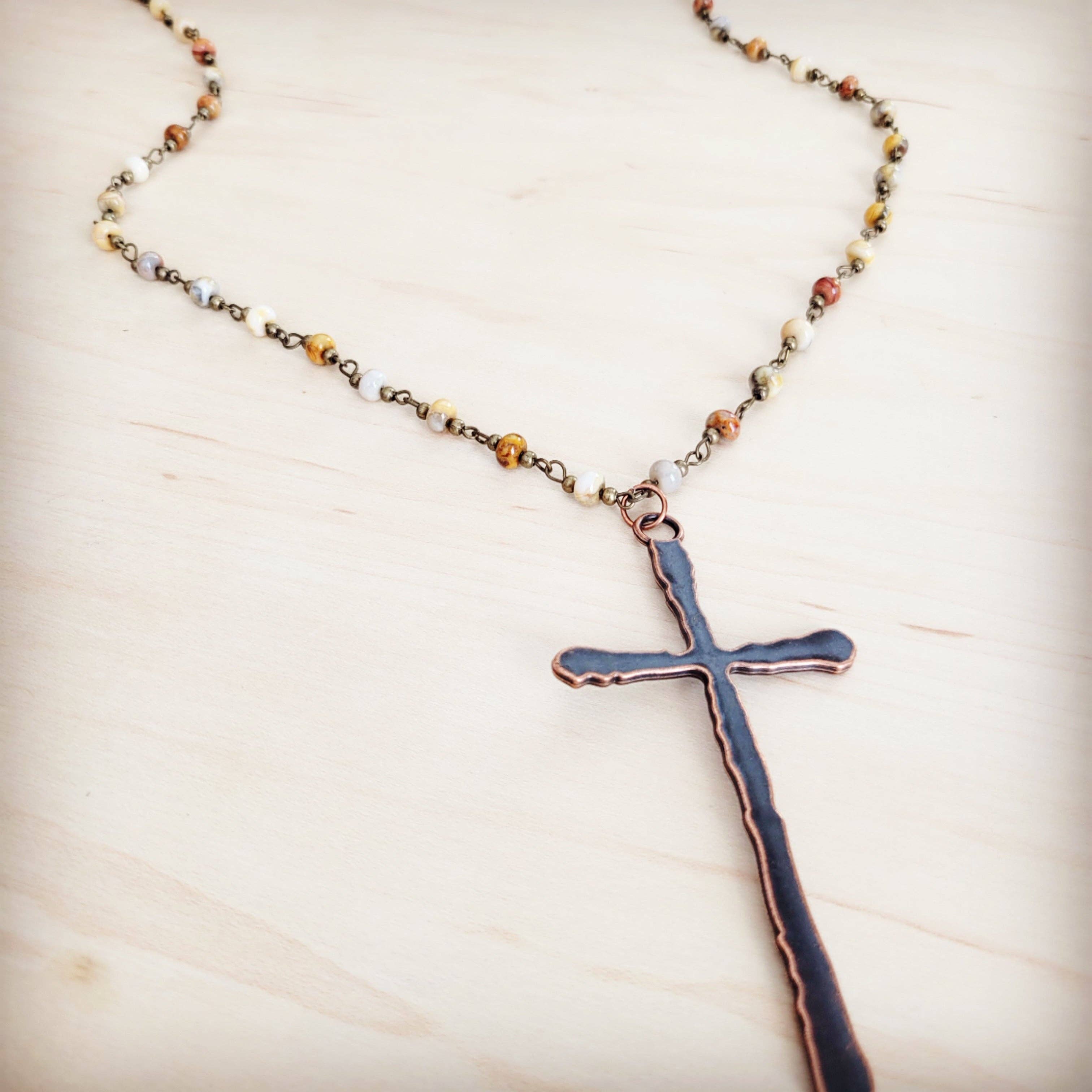 Genuine Natural Agate Long Beaded Necklace with Antique Copper Cross