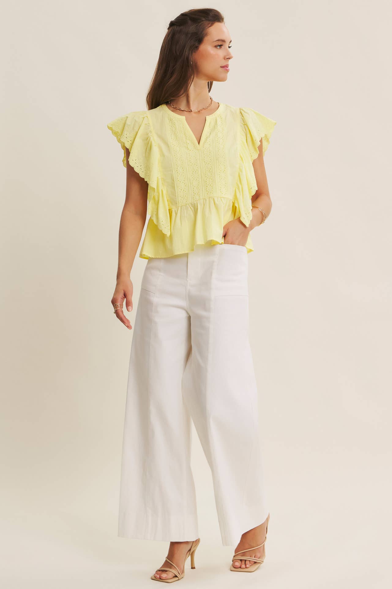 STRETCHY WIDE-LEG ANKLE LENGTH PANTS