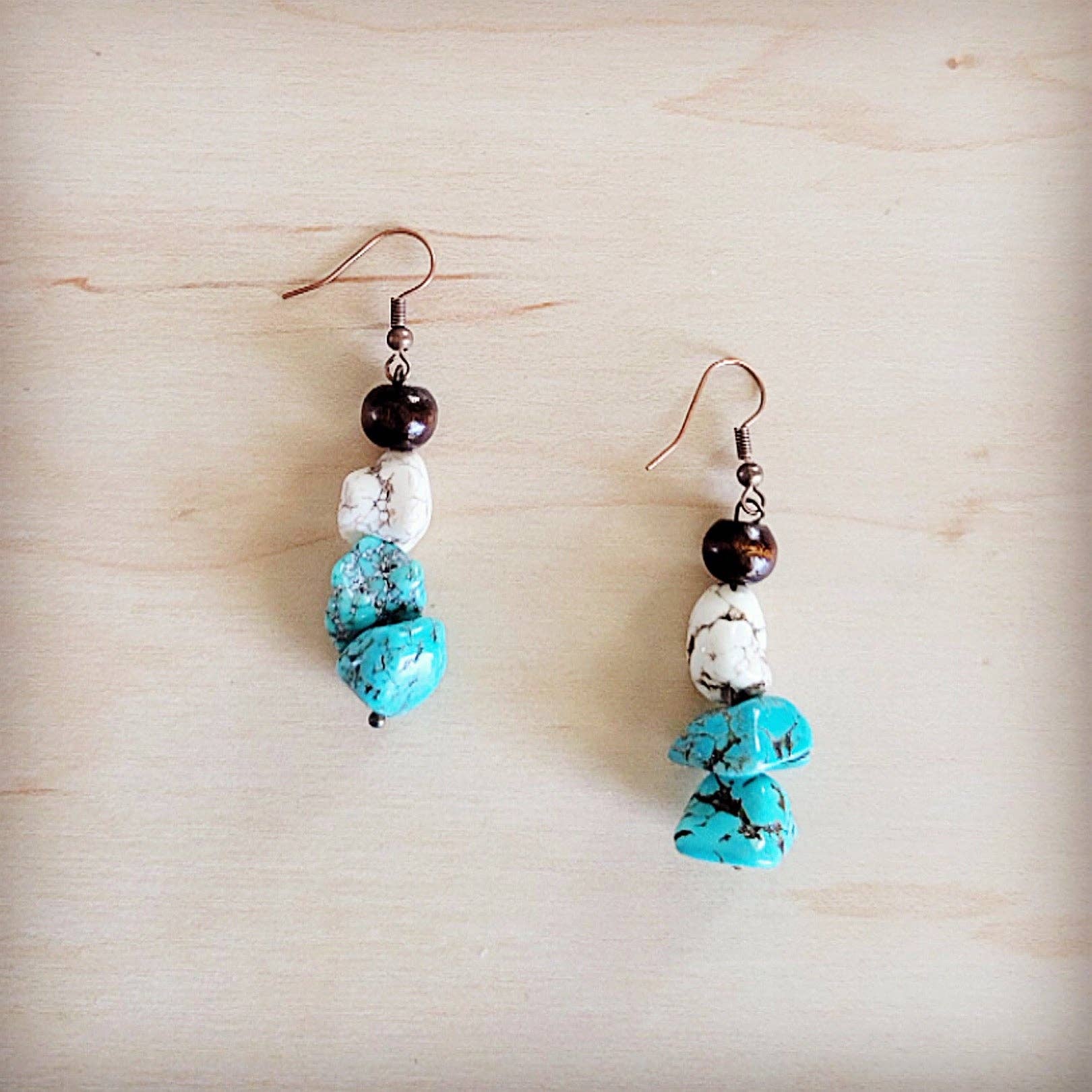 White and Blue Turquoise w/ Wood Drop Earrings 200be