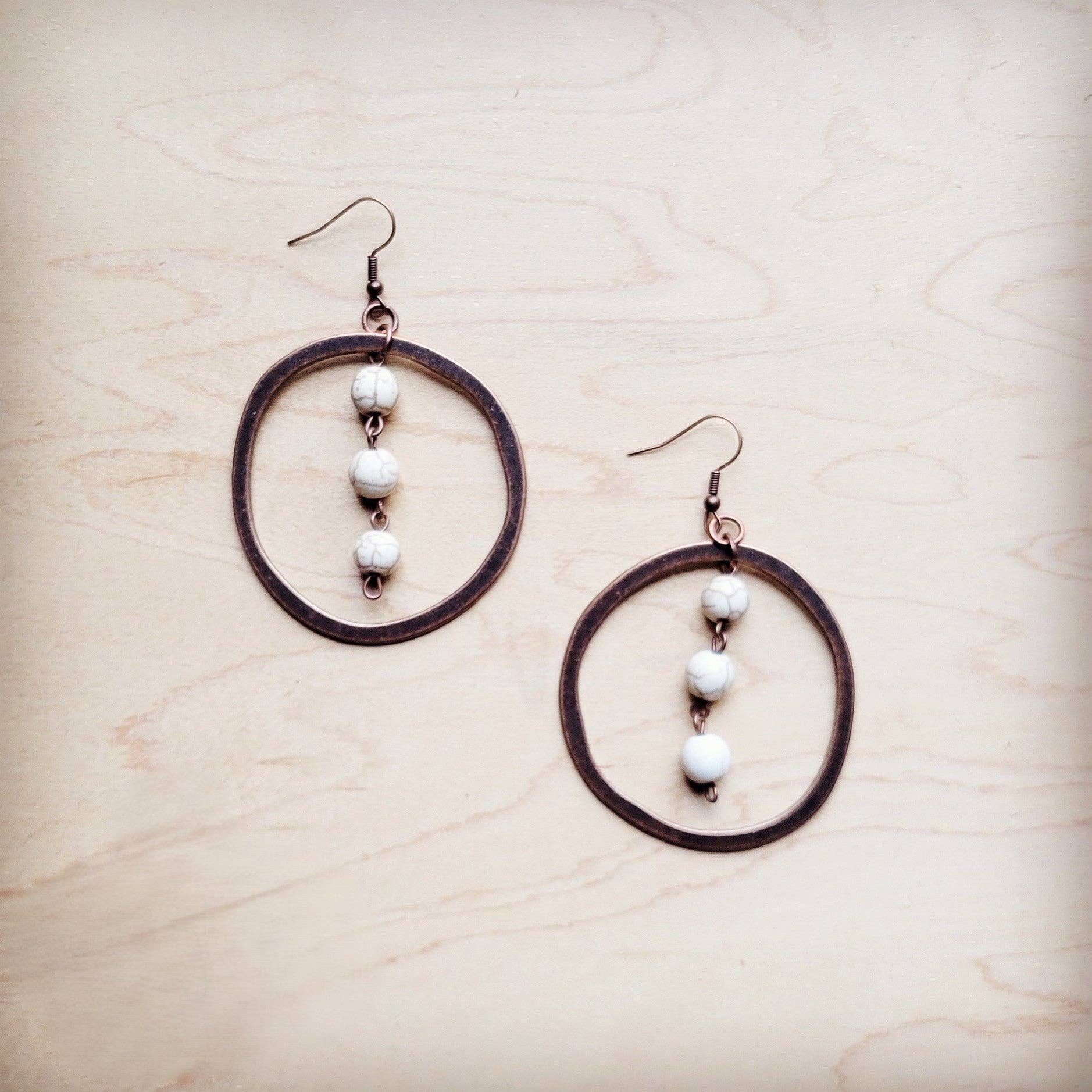 Western Copper Hoop Earrings w/ White Turquoise Beads 224g